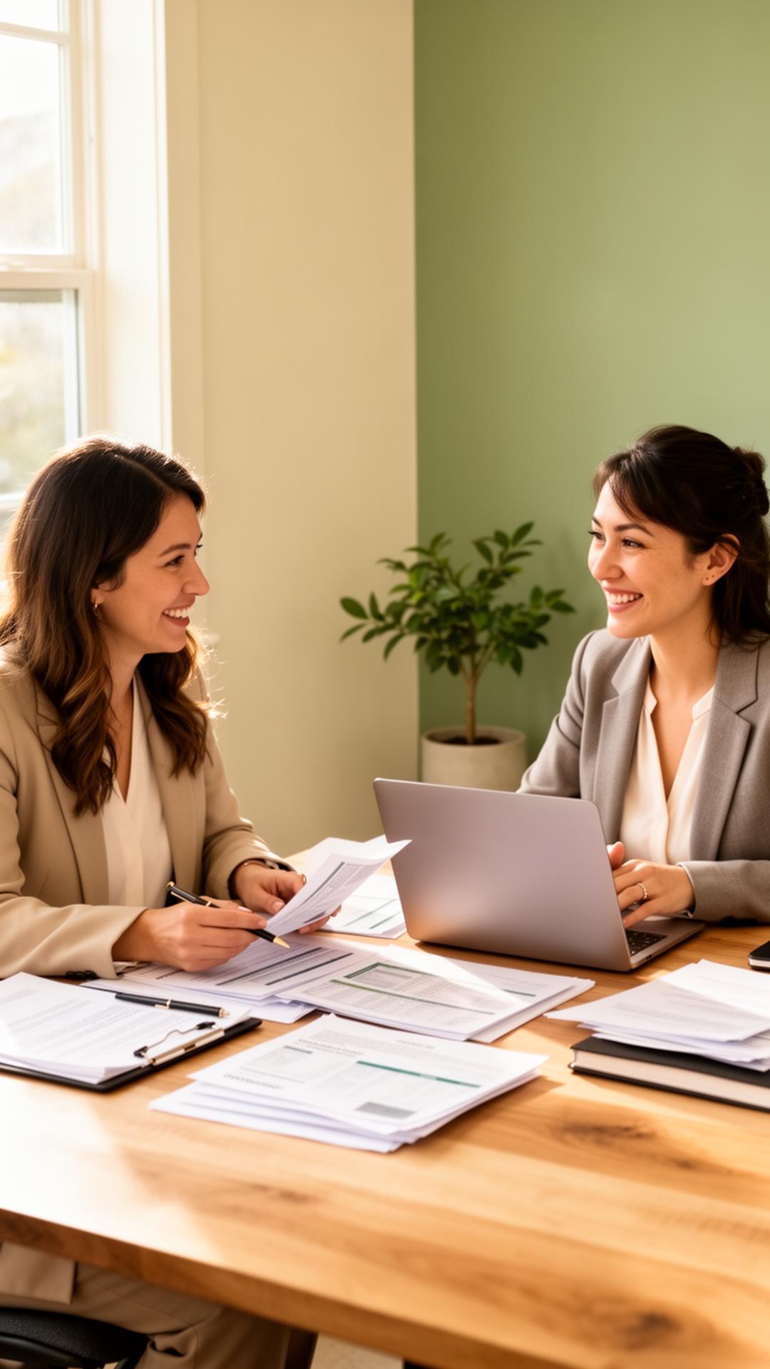 A friendly Blooming Financial advisor and small business owner reviewing organized financial paperwork together