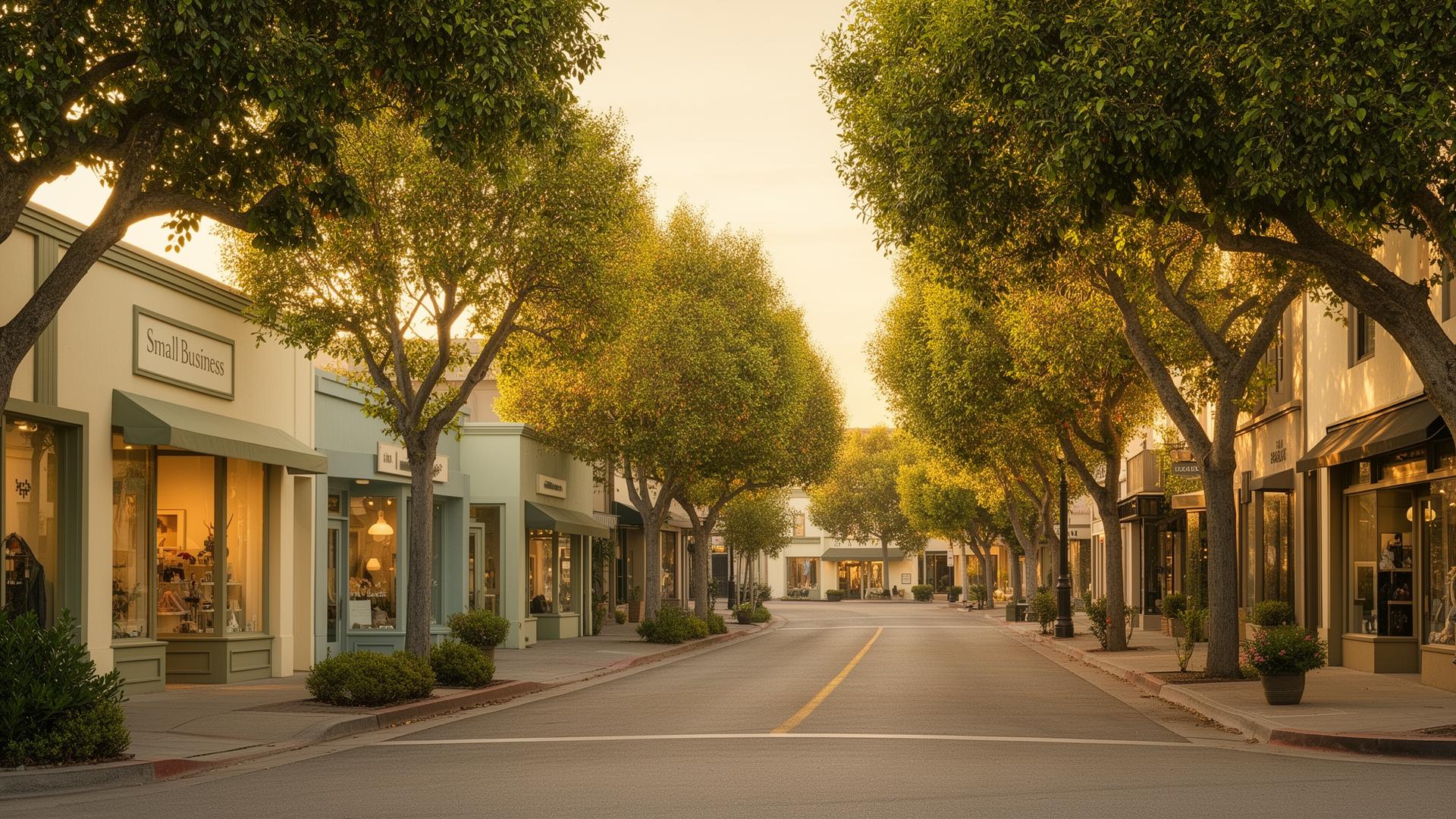 A leafy, calm California small-business street at golden hour