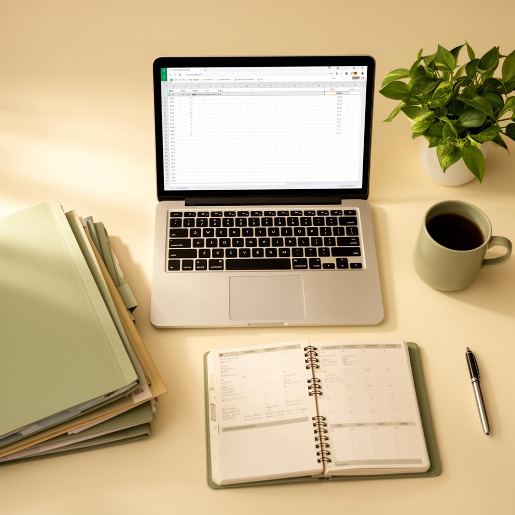 An organized desk with a laptop showing a clean spreadsheet, a small green plant, and a tidy planner